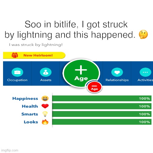 Bitlife hmmmm | Soo in bitlife, I got struck by lightning and this happened. 🤔 | image tagged in bitlife,hmmm,what happened,memes,questioning reality | made w/ Imgflip meme maker