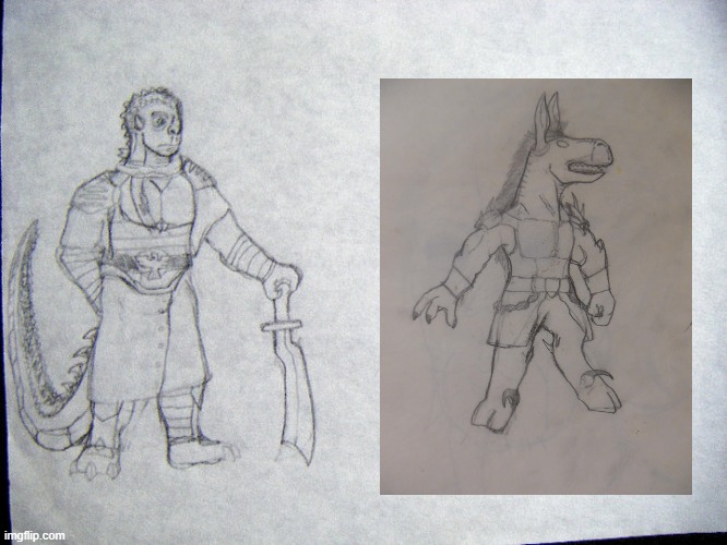 Old Drawings from High(?)School. Benevolent Reptilian (not Ace but similar) & Seti (based on Egyptian God Set, Riddick, Raptor) | image tagged in anthro,reptilians,gods of egypt,raptor,donkey,original character | made w/ Imgflip meme maker