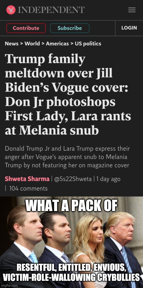 They're everything they accuse others of. | WHAT A PACK OF; RESENTFUL, ENTITLED, ENVIOUS, VICTIM-ROLE-WALLOWING CRYBULLIES | image tagged in trump family bars | made w/ Imgflip meme maker