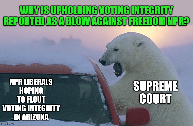Poor liberals, can't cheat in AZ as easily. | WHY IS UPHOLDING VOTING INTEGRITY REPORTED AS A BLOW AGAINST FREEDOM NPR? NPR LIBERALS HOPING TO FLOUT VOTING INTEGRITY IN ARIZONA; SUPREME COURT | image tagged in polar bear attack,arizona,voting,integrity | made w/ Imgflip meme maker
