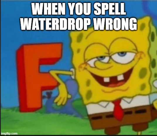 F | WHEN YOU SPELL WATERDROP WRONG | image tagged in f | made w/ Imgflip meme maker