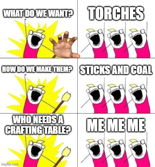 What Do We Want 3 |  WHAT DO WE WANT? TORCHES; HOW DO WE MAKE THEM? STICKS AND COAL; WHO NEEDS A CRAFTING TABLE? ME ME ME | image tagged in memes,what do we want 3 | made w/ Imgflip meme maker