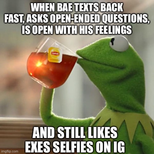 But That's None Of My Business Meme | WHEN BAE TEXTS BACK FAST, ASKS OPEN-ENDED QUESTIONS, IS OPEN WITH HIS FEELINGS; AND STILL LIKES EXES SELFIES ON IG | image tagged in memes,but that's none of my business,kermit the frog | made w/ Imgflip meme maker