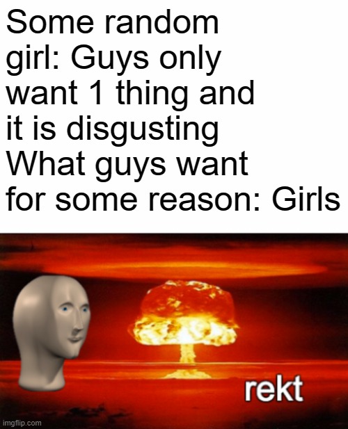 I don't know why some girls say this | Some random girl: Guys only want 1 thing and it is disgusting
What guys want for some reason: Girls | image tagged in rekt w/text | made w/ Imgflip meme maker