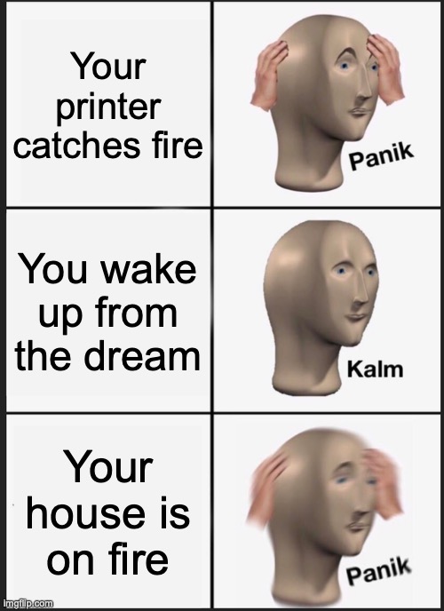 Panik Kalm Panik | Your printer catches fire; You wake up from the dream; Your house is on fire | image tagged in memes,panik kalm panik | made w/ Imgflip meme maker