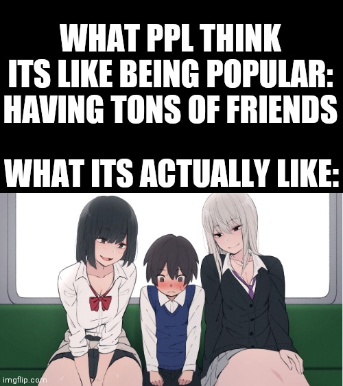 Trust me, i am the popular kid at my school. But i like it when girls seduce me | WHAT PPL THINK ITS LIKE BEING POPULAR: HAVING TONS OF FRIENDS; WHAT ITS ACTUALLY LIKE: | image tagged in ara ara | made w/ Imgflip meme maker