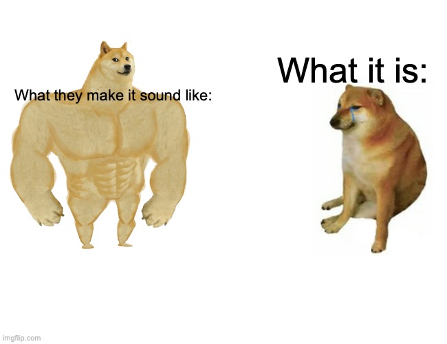 Buff Doge vs. Cheems | What it is:; What they make it sound like: | image tagged in memes,buff doge vs cheems | made w/ Imgflip meme maker