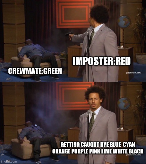 got caught in among us | IMPOSTER:RED; CREWMATE:GREEN; GETTING CAUGHT BYE BLUE  CYAN ORANGE PURPLE PINK LIME WHITE BLACK | image tagged in memes,who killed hannibal | made w/ Imgflip meme maker