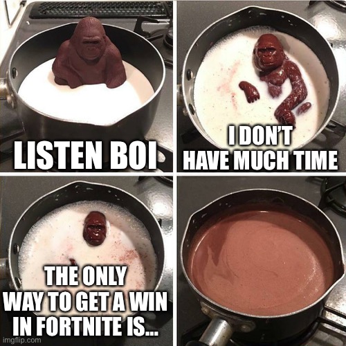 Nobody knows how to really get a win. | LISTEN BOI; I DON’T HAVE MUCH TIME; THE ONLY WAY TO GET A WIN IN FORTNITE IS… | image tagged in chocolate gorilla,fortnite | made w/ Imgflip meme maker