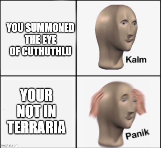 kalm panik | YOU SUMMONED THE EYE OF CUTHUTHLU YOUR NOT IN TERRARIA | image tagged in kalm panik | made w/ Imgflip meme maker