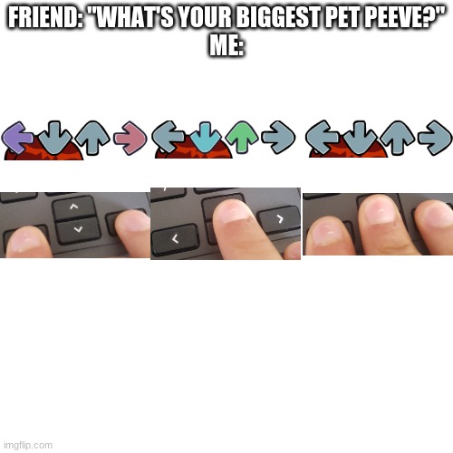 Why can't I use all notes when I press all the keys? The mods need to change that. | FRIEND: "WHAT'S YOUR BIGGEST PET PEEVE?"
ME: | image tagged in memes,blank transparent square,friday night funkin,annoying | made w/ Imgflip meme maker