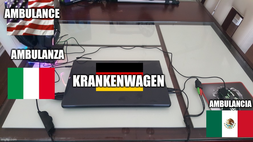 A little show on how to use my new meme template | AMBULANCE; AMBULANZA; KRANKENWAGEN; AMBULANCIA | image tagged in weird gaming setup,new template,germany | made w/ Imgflip meme maker