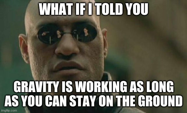 Matrix Morpheus Meme | WHAT IF I TOLD YOU GRAVITY IS WORKING AS LONG AS YOU CAN STAY ON THE GROUND | image tagged in memes,matrix morpheus | made w/ Imgflip meme maker