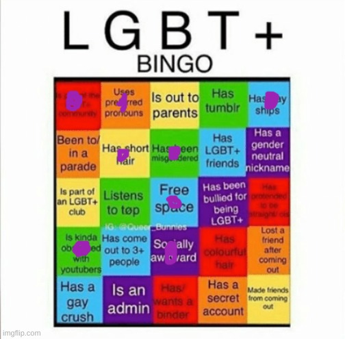 I'm a female, use she/her, they/them pronouns, have been misgendered for a male twice, and ship fictional male skeletons. | image tagged in lgbt bingo | made w/ Imgflip meme maker