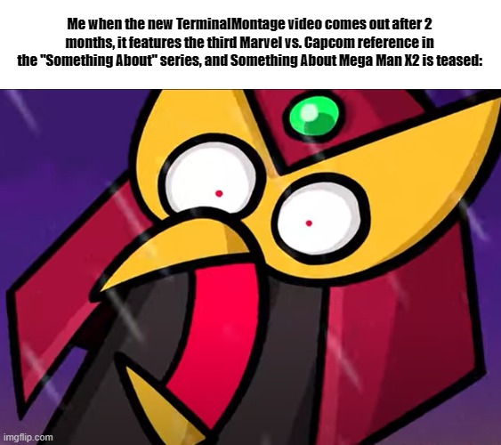 STORM EAGLE'S REVENGE IS TERMINALMONTAGE'S BEST VIDEO YET. | Me when the new TerminalMontage video comes out after 2 months, it features the third Marvel vs. Capcom reference in the "Something About" series, and Something About Mega Man X2 is teased: | image tagged in storm eagle l's face when,memes,terminalmontage,mega man x,storm eagle,revenge | made w/ Imgflip meme maker