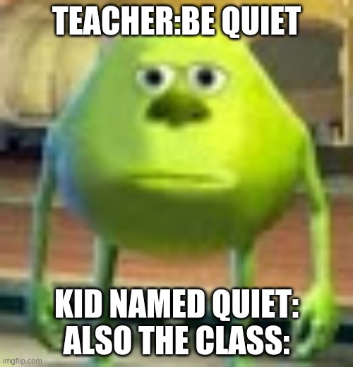 E | TEACHER:BE QUIET; KID NAMED QUIET:
ALSO THE CLASS: | image tagged in sully wazowski | made w/ Imgflip meme maker