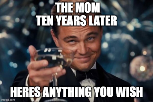 Leonardo Dicaprio Cheers Meme | THE MOM TEN YEARS LATER; HERES ANYTHING YOU WISH | image tagged in memes,leonardo dicaprio cheers | made w/ Imgflip meme maker