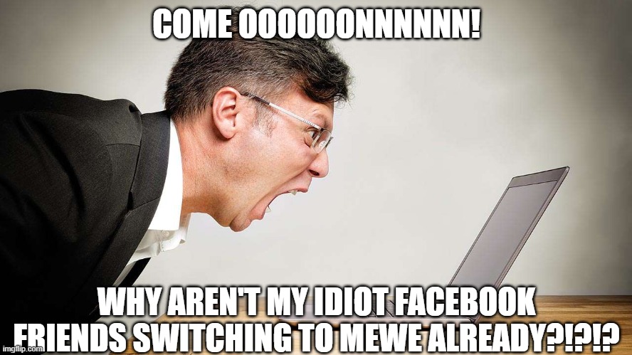 When You Switch To a New Social Media Platform.... | COME OOOOOONNNNNN! WHY AREN'T MY IDIOT FACEBOOK FRIENDS SWITCHING TO MEWE ALREADY?!?!? | image tagged in facebook,mewe,social media,rant | made w/ Imgflip meme maker