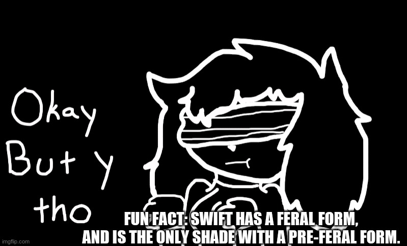 Shade facts #1 | FUN FACT: SWIFT HAS A FERAL FORM, AND IS THE ONLY SHADE WITH A PRE-FERAL FORM. | image tagged in swift why,shade | made w/ Imgflip meme maker