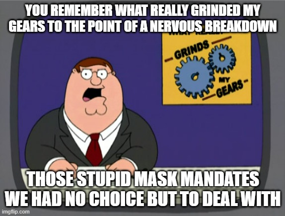 I'm warning you W.H.O. we better not have to deal with those stupid mask mandates again or i'll have something to say to someone | YOU REMEMBER WHAT REALLY GRINDED MY GEARS TO THE POINT OF A NERVOUS BREAKDOWN; THOSE STUPID MASK MANDATES WE HAD NO CHOICE BUT TO DEAL WITH | image tagged in memes,peter griffin news,covid-19,face mask,relatable,mask | made w/ Imgflip meme maker