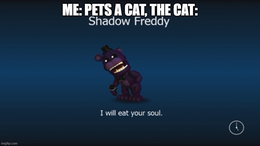 i wiil eat your soul | ME: PETS A CAT, THE CAT: | image tagged in i wiil eat your soul | made w/ Imgflip meme maker