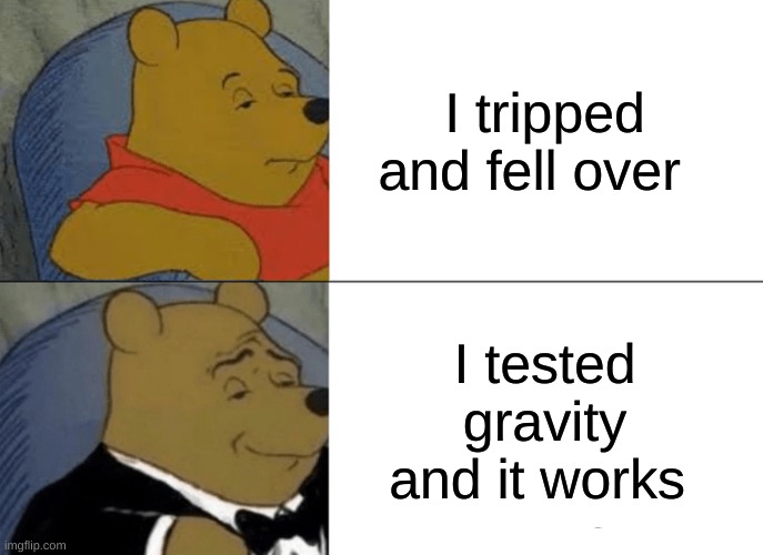 gravity | I tripped and fell over; I tested gravity and it works | image tagged in memes,tuxedo winnie the pooh,funny memes,funny,fun | made w/ Imgflip meme maker