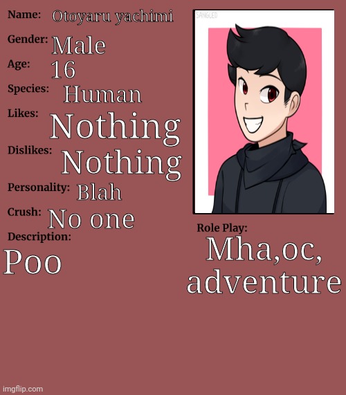 RP stream OC showcase | Otoyaru yachimi; Male; 16; Human; Nothing; Nothing; Blah; No one; Mha,oc, adventure; Poo | image tagged in rp stream oc showcase | made w/ Imgflip meme maker