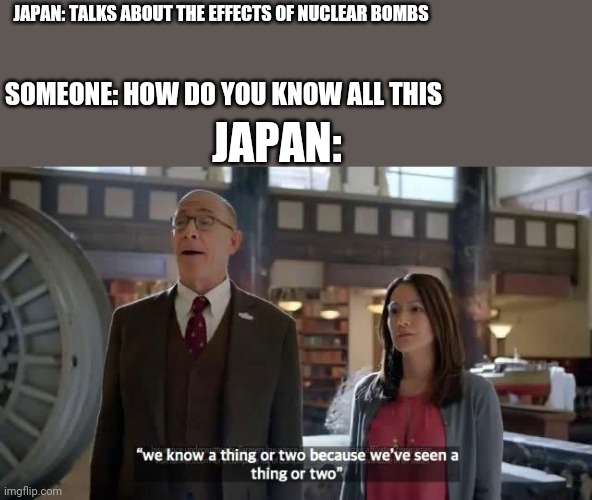 We know a thing or two because we've seen a thing or two | JAPAN: TALKS ABOUT THE EFFECTS OF NUCLEAR BOMBS; SOMEONE: HOW DO YOU KNOW ALL THIS; JAPAN: | image tagged in we know a thing or two because we've seen a thing or two | made w/ Imgflip meme maker