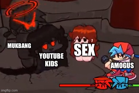 Amogus 2 leaked secret boss :flushed: | MUKBANG; SEX; YOUTUBE KIDS; AMOGUS | image tagged in expurgation but boyfriend and girlfriend | made w/ Imgflip meme maker