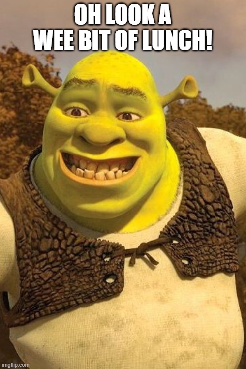 Smiling Shrek | OH LOOK A WEE BIT OF LUNCH! | image tagged in smiling shrek | made w/ Imgflip meme maker