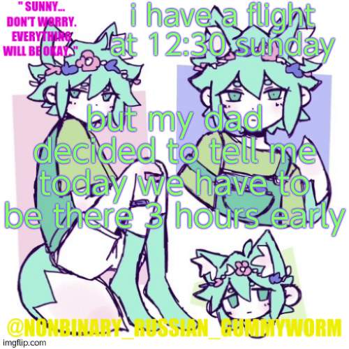 whyyyy | i have a flight at 12:30 sunday; but my dad decided to tell me today we have to be there 3 hours early | image tagged in nonbinary russian worm basil fox temp | made w/ Imgflip meme maker