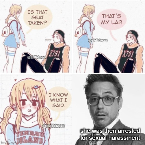 wot? | she was then arrested for sexual harassment | image tagged in tony stark | made w/ Imgflip meme maker