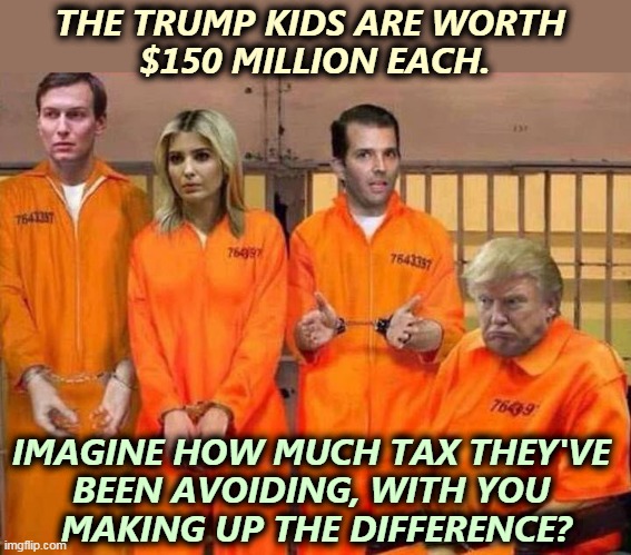 Paying taxes is for the little people, like R2-D2. People named Trump can't be bothered. | THE TRUMP KIDS ARE WORTH 
$150 MILLION EACH. IMAGINE HOW MUCH TAX THEY'VE 
BEEN AVOIDING, WITH YOU 
MAKING UP THE DIFFERENCE? | image tagged in trump family jail,trump,tax,cheaters,jail | made w/ Imgflip meme maker