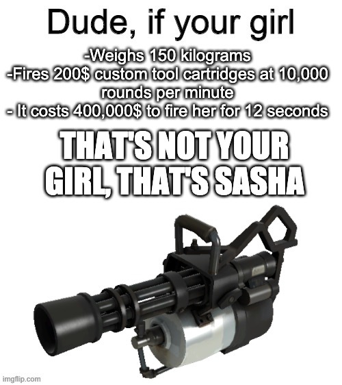ha | -Weighs 150 kilograms
-Fires 200$ custom tool cartridges at 10,000
rounds per minute
- It costs 400,000$ to fire her for 12 seconds; THAT'S NOT YOUR GIRL, THAT'S SASHA | image tagged in dude | made w/ Imgflip meme maker