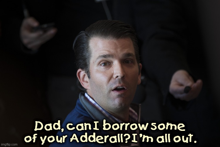 Like father, like son. Oh god. | Dad, can I borrow some of your Adderall? I'm all out. | image tagged in donald trump jr disappointed daddy can't make him president,donald trump,drug addiction | made w/ Imgflip meme maker