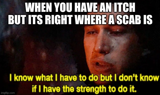 relateable? | WHEN YOU HAVE AN ITCH BUT ITS RIGHT WHERE A SCAB IS | image tagged in i know what i have to do but i don t know if i have the strength | made w/ Imgflip meme maker