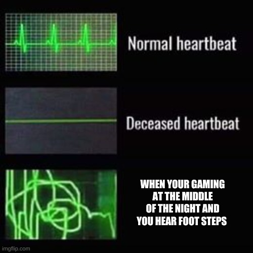 omg I hear them | WHEN YOUR GAMING AT THE MIDDLE OF THE NIGHT AND YOU HEAR FOOT STEPS | image tagged in heartbeat rate | made w/ Imgflip meme maker