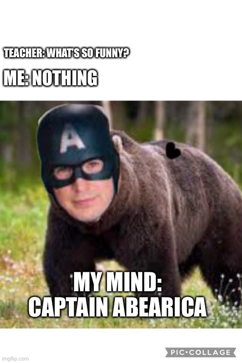 Captain Abearica | ME: NOTHING; TEACHER: WHAT’S SO FUNNY? MY MIND: CAPTAIN ABEARICA | image tagged in memes,funny | made w/ Imgflip meme maker