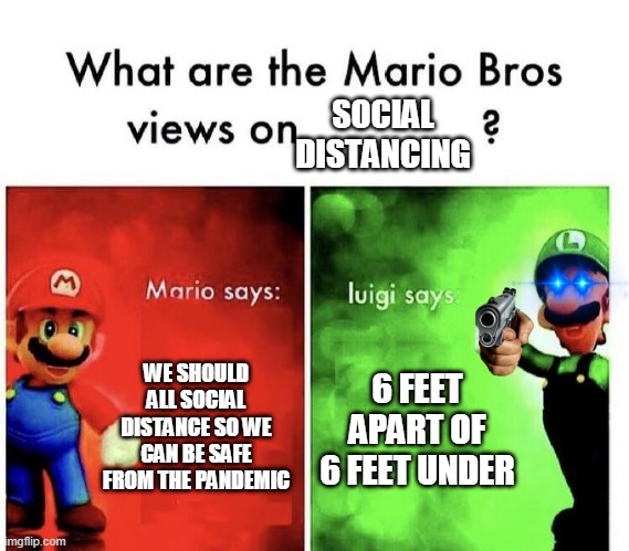 Mario Bros Views | SOCIAL DISTANCING; WE SHOULD ALL SOCIAL DISTANCE SO WE CAN BE SAFE FROM THE PANDEMIC; 6 FEET APART OF 6 FEET UNDER | image tagged in mario bros views | made w/ Imgflip meme maker