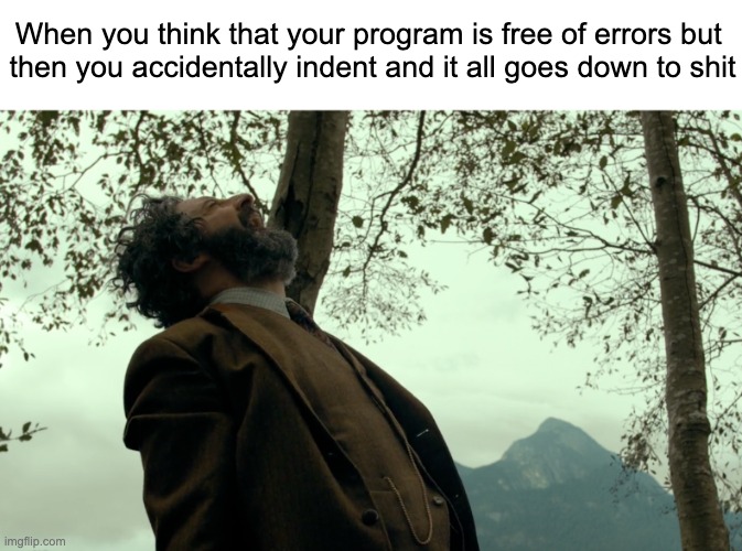 When you think that your program is free of errors but 
then you accidentally indent and it all goes down to shit | image tagged in relatable | made w/ Imgflip meme maker