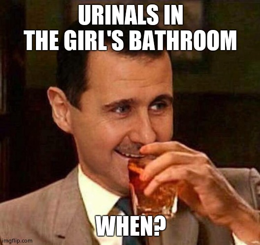 Assad draper | URINALS IN THE GIRL'S BATHROOM WHEN? | image tagged in assad draper | made w/ Imgflip meme maker