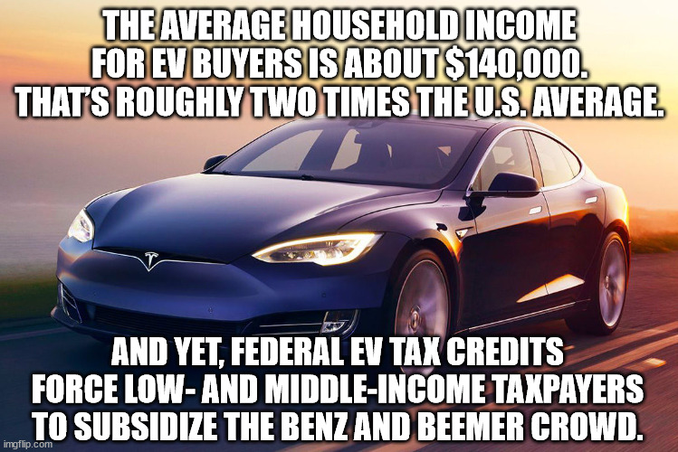 And yet, federal EV tax credits force low- and middle-income taxpayers to subsidize the Benz and Beemer crowd. |  THE AVERAGE HOUSEHOLD INCOME FOR EV BUYERS IS ABOUT $140,000. THAT’S ROUGHLY TWO TIMES THE U.S. AVERAGE. AND YET, FEDERAL EV TAX CREDITS FORCE LOW- AND MIDDLE-INCOME TAXPAYERS TO SUBSIDIZE THE BENZ AND BEEMER CROWD. | image tagged in ev,electric car,electric vehicle,tesla | made w/ Imgflip meme maker