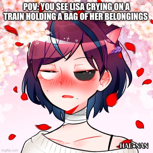 Lisa jiro oc | POV: YOU SEE LISA CRYING ON A TRAIN HOLDING A BAG OF HER BELONGINGS | image tagged in lisa jiro oc | made w/ Imgflip meme maker