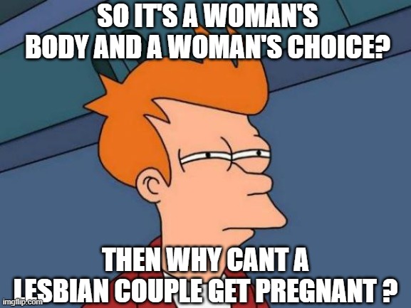 huh it's almost like it's more than just a womans choice. almost like a MAN has to be involved | SO IT'S A WOMAN'S BODY AND A WOMAN'S CHOICE? THEN WHY CANT A LESBIAN COUPLE GET PREGNANT ? | image tagged in memes,futurama fry | made w/ Imgflip meme maker