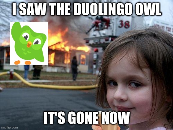 Disaster Girl Meme | I SAW THE DUOLINGO OWL; IT'S GONE NOW | image tagged in memes,disaster girl | made w/ Imgflip meme maker