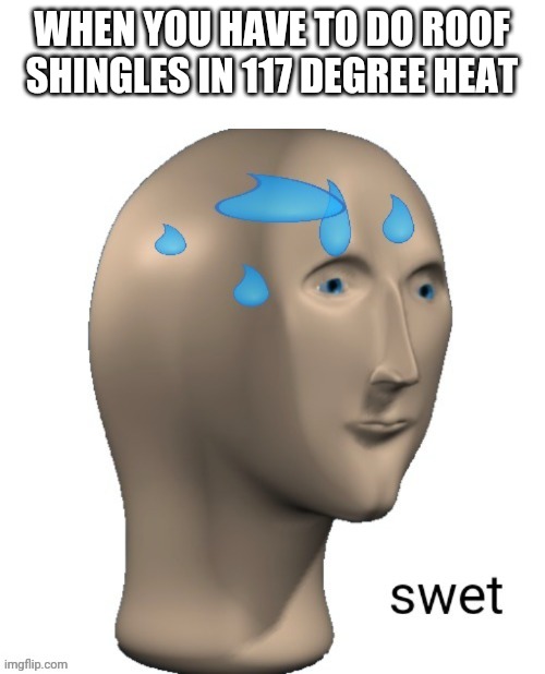 Disclaimer: not from personal experience | WHEN YOU HAVE TO DO ROOF SHINGLES IN 117 DEGREE HEAT | image tagged in swet | made w/ Imgflip meme maker