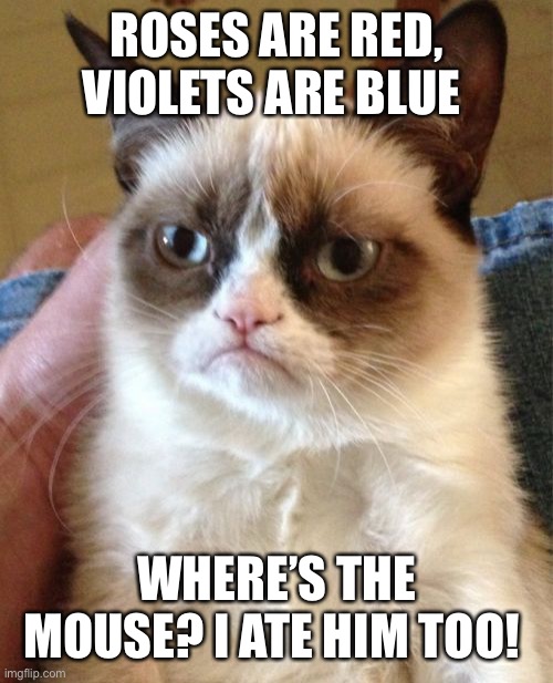 Grumpy Cat | ROSES ARE RED, VIOLETS ARE BLUE; WHERE’S THE MOUSE? I ATE HIM TOO! | image tagged in memes,grumpy cat | made w/ Imgflip meme maker
