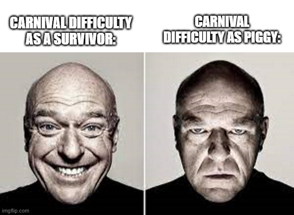 True, at least until carnival gets revamped | CARNIVAL DIFFICULTY AS PIGGY:; CARNIVAL DIFFICULTY AS A SURVIVOR: | image tagged in hank schrader,roblox,piggy,carnival | made w/ Imgflip meme maker
