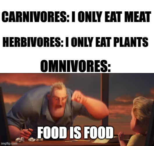 math is math | CARNIVORES: I ONLY EAT MEAT; HERBIVORES: I ONLY EAT PLANTS; OMNIVORES:; FOOD IS FOOD | image tagged in math is math | made w/ Imgflip meme maker