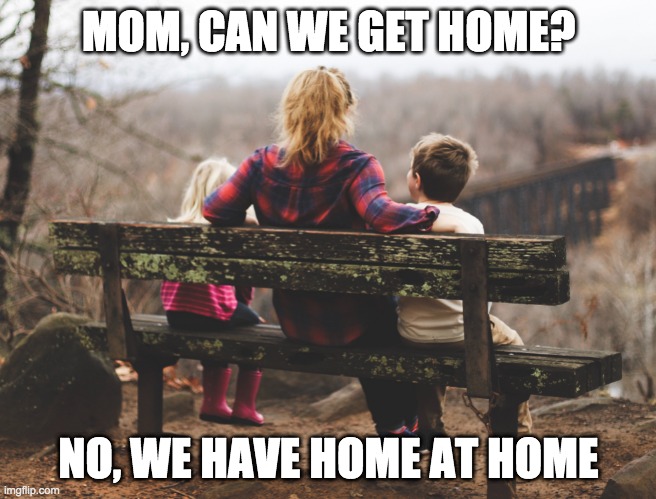 Mom, can we get home? | MOM, CAN WE GET HOME? NO, WE HAVE HOME AT HOME | image tagged in memes | made w/ Imgflip meme maker